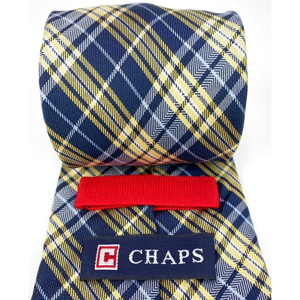 CHAPS Tie Navy & Light Blue Yellow Plaid Striped 100% Silk Hand Made Necktie 58
